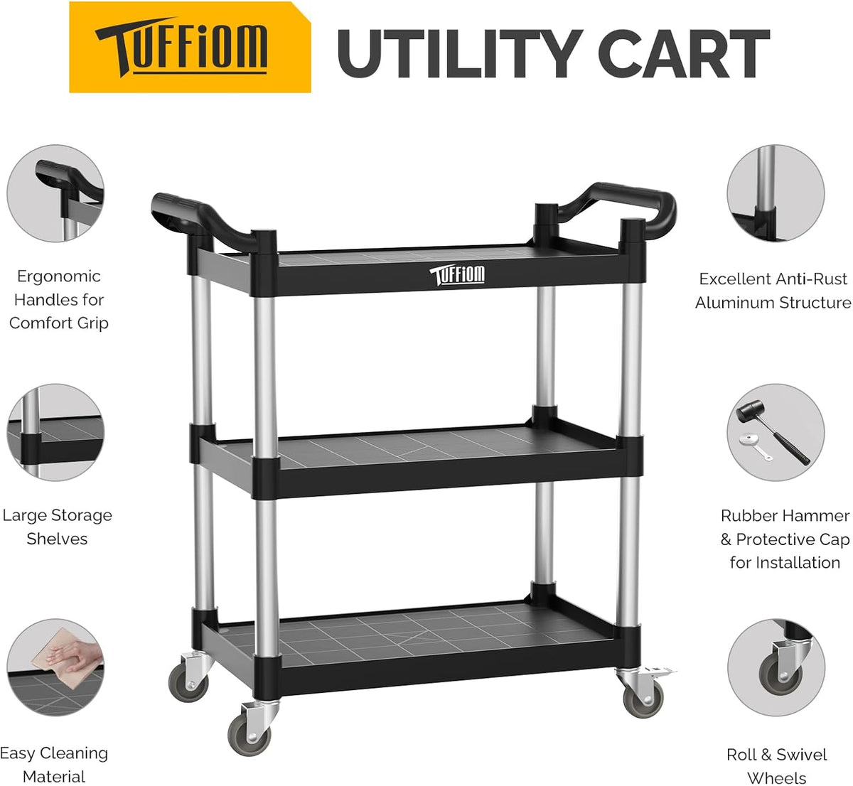 3-Tier Commercial Utility Cart with Wheels, Heavy Duty Rolling Plastic Service Cart, 390 lbs Capacity for
