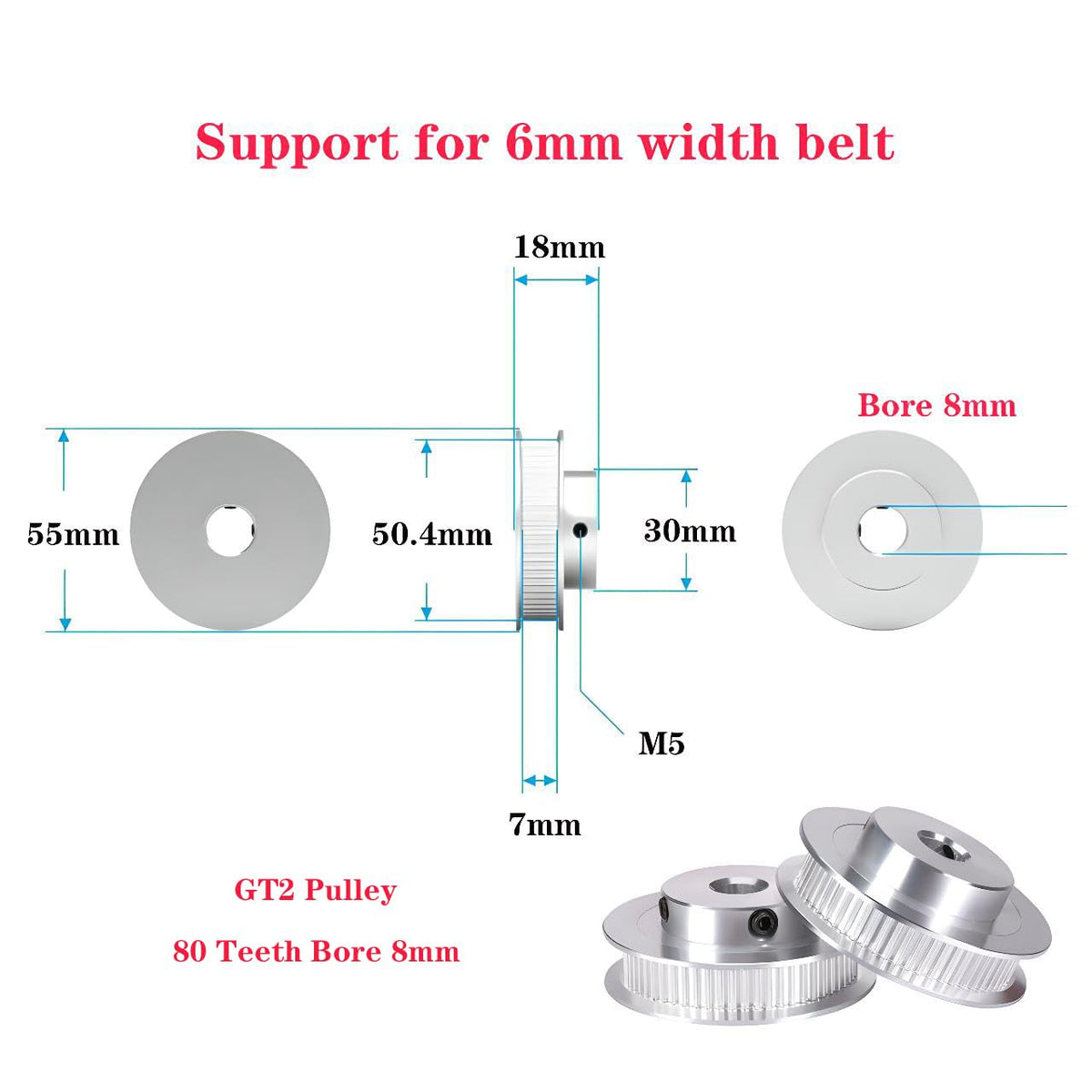 GT2 Pulley 80 Teeth 8mm Bore 6mm Width Timing Belt Pulley Aluminum 80T 8mm bore Pulley Wheel for 6mm Width GT2 Timing Belt for 3D Printer,CNC (4pcs)