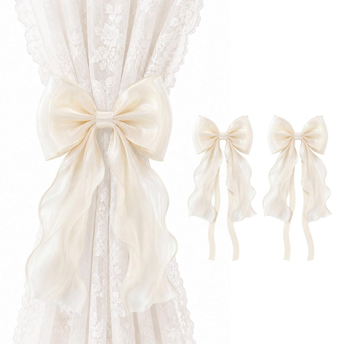 Curtain Tiebacks, French Silky Bow Curtain Holdbacks, Beige, 2 Pcs