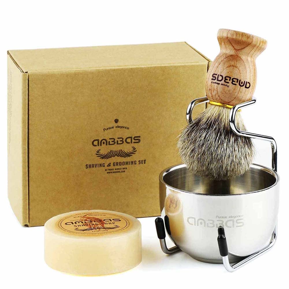 4IN1 Badger Hair Shaving Brush Set Lather for Men Smooth Wet Shave | and Soap Bowl Stand Good Water Absorption Skin