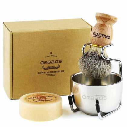 4IN1 Badger Hair Shaving Brush Set Lather for Men Smooth Wet Shave | and Soap Bowl Stand Good Water Absorption Skin