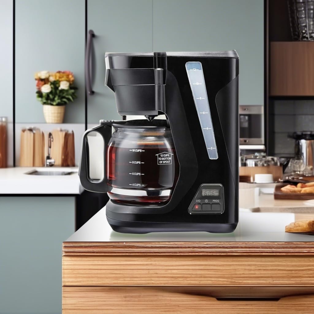 Digital & Programmable FrontFill 12 Cup Drip Coffee Maker | Glass Carafe | Compact | Auto Shutoff | Black & Silver |