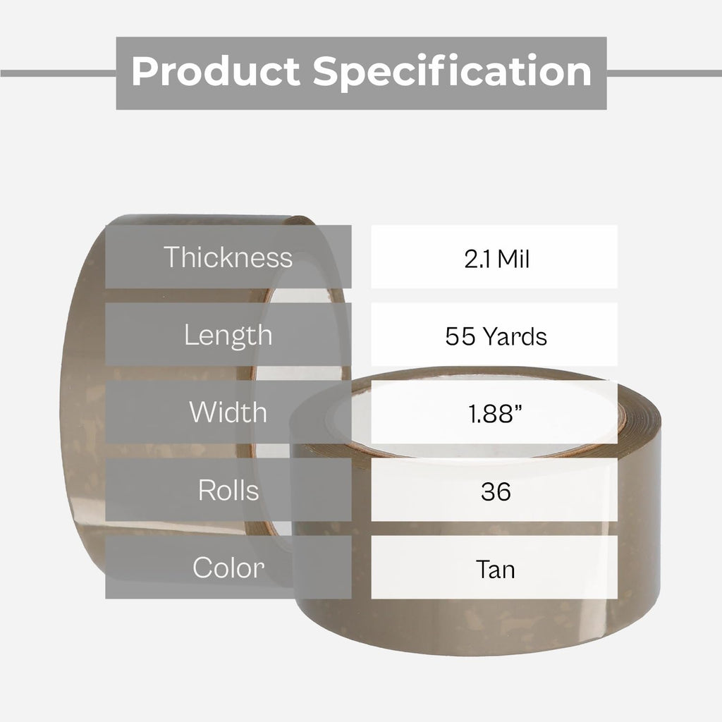 PSBM Tan PVC Carton Sealing Tape, 36 Rolls 2.1 Mil 1.88 Inch 55 Yards Per Roll, Heavy Duty Natural Rubber Adhesive