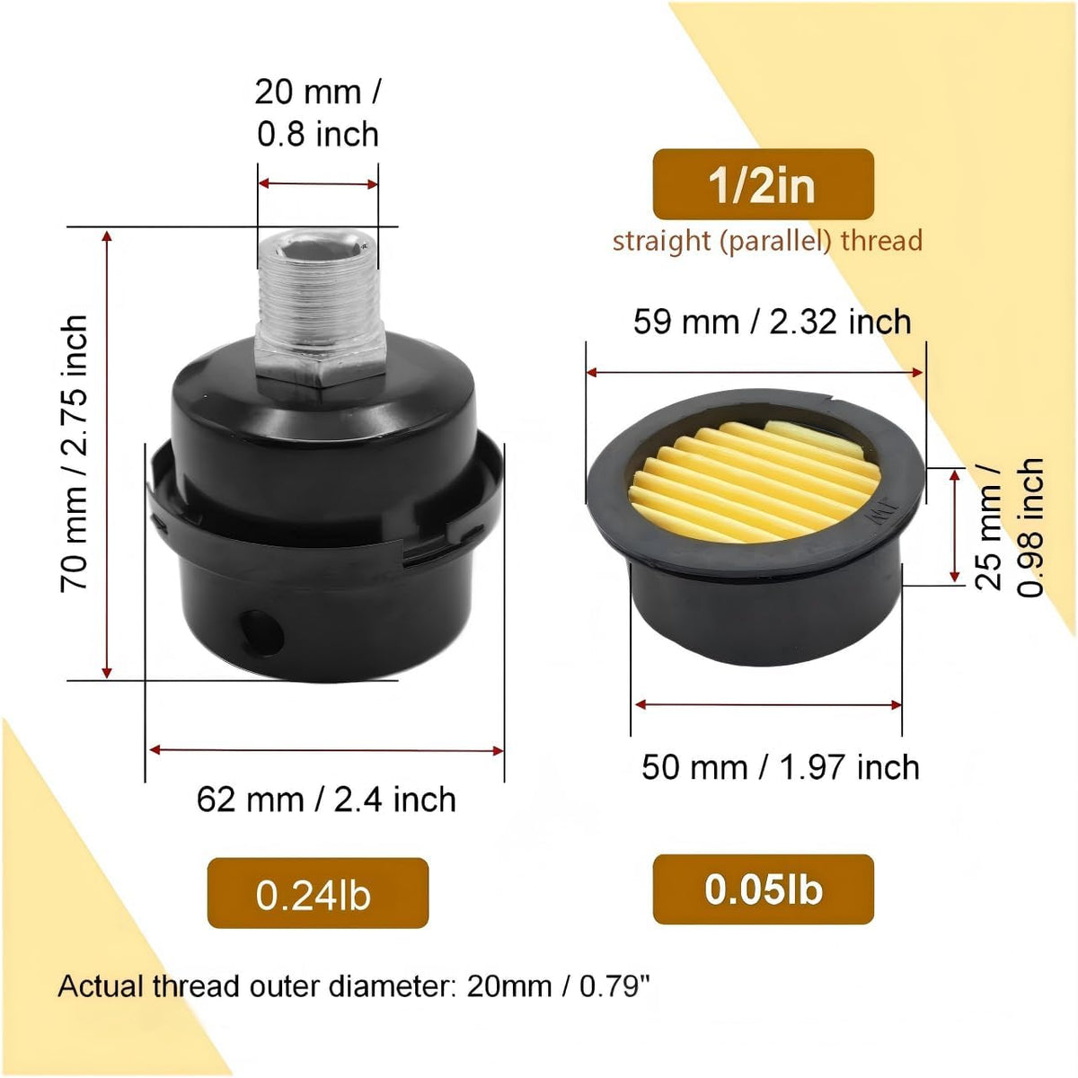 2-Pack 1/2Inch Air Compressor Intake Filter Silencer Muffler