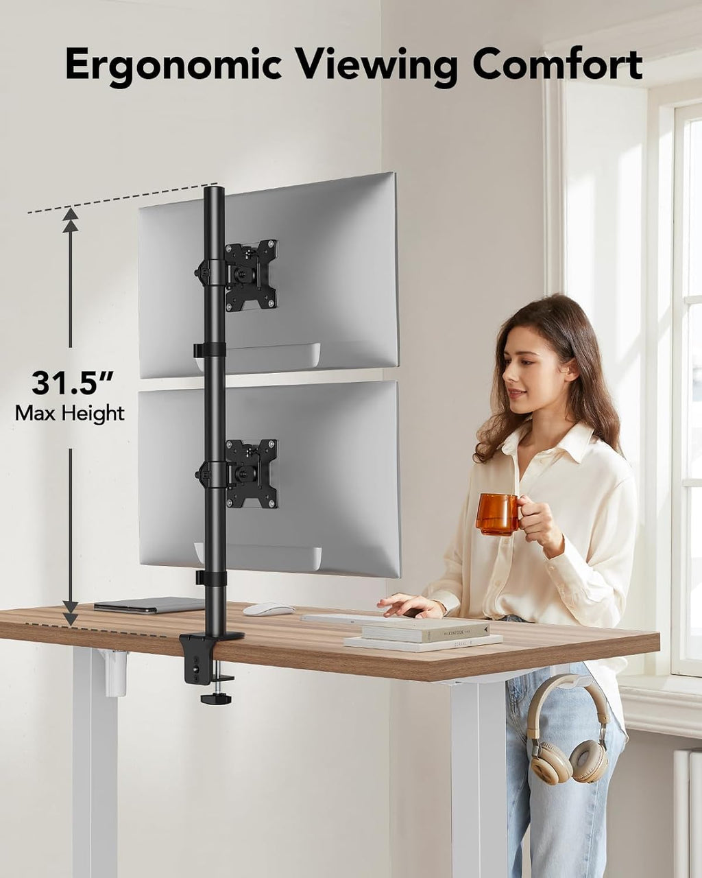 Vertical Dual Monitor Mount, Stacked Monitor Stand for 2 Monitors with Height Adjustment Computer Monitor Arm