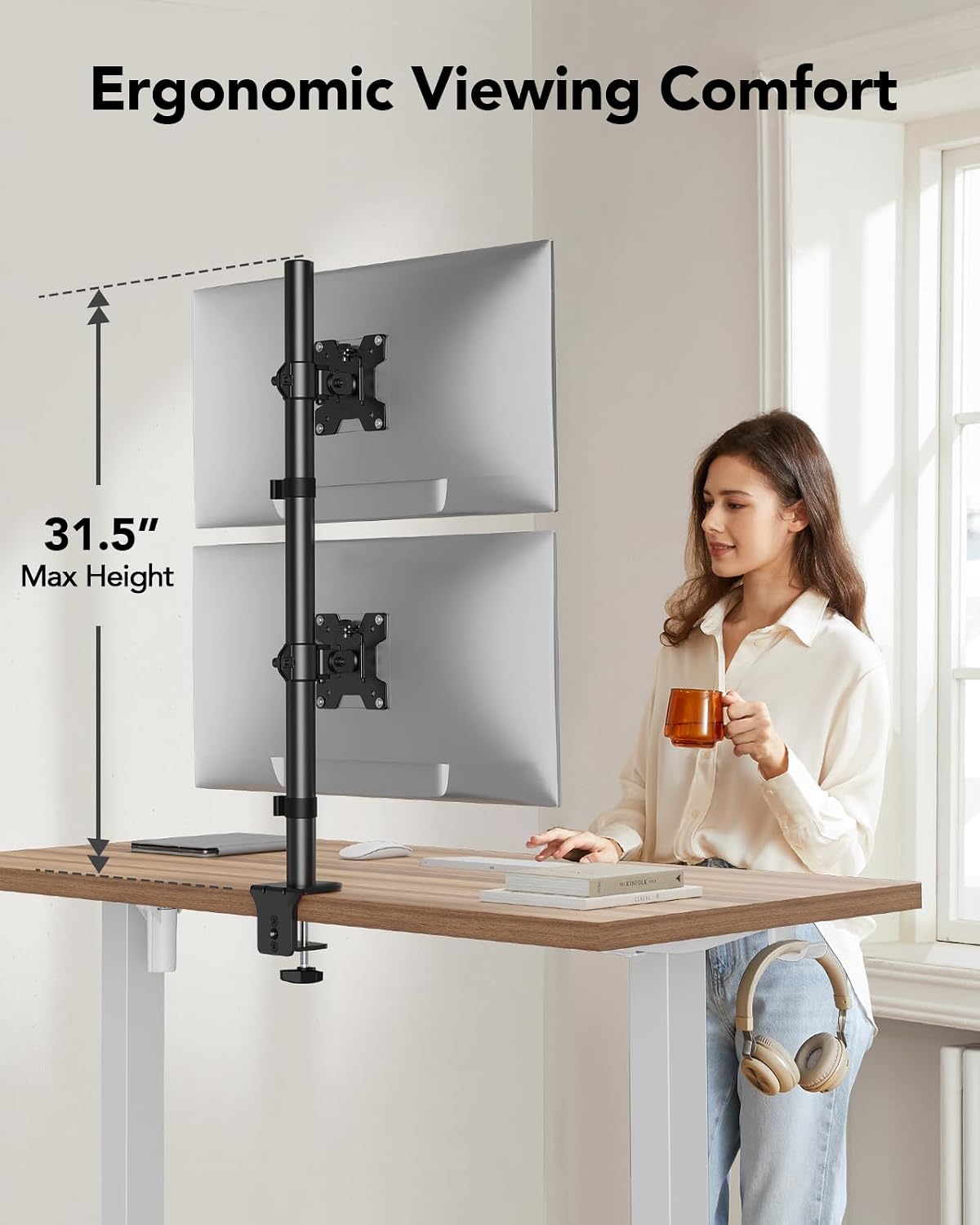Vertical Dual Monitor Mount, Stacked Monitor Stand for 2 Monitors with Height Adjustment Computer Monitor Arm