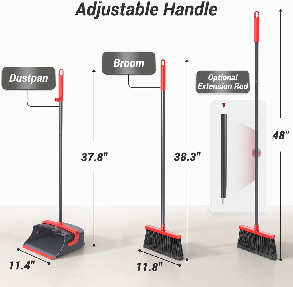 Broom with Dustpan Combo Set, Long Handle Upright Standing Self-Cleaning Broom and Dustpan Set for Pet Hair & Dust