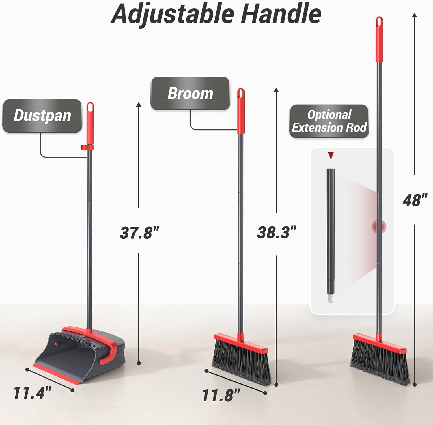 Broom with Dustpan Combo Set, Long Handle Upright Standing Self-Cleaning Broom and Dustpan Set for Pet Hair & Dust