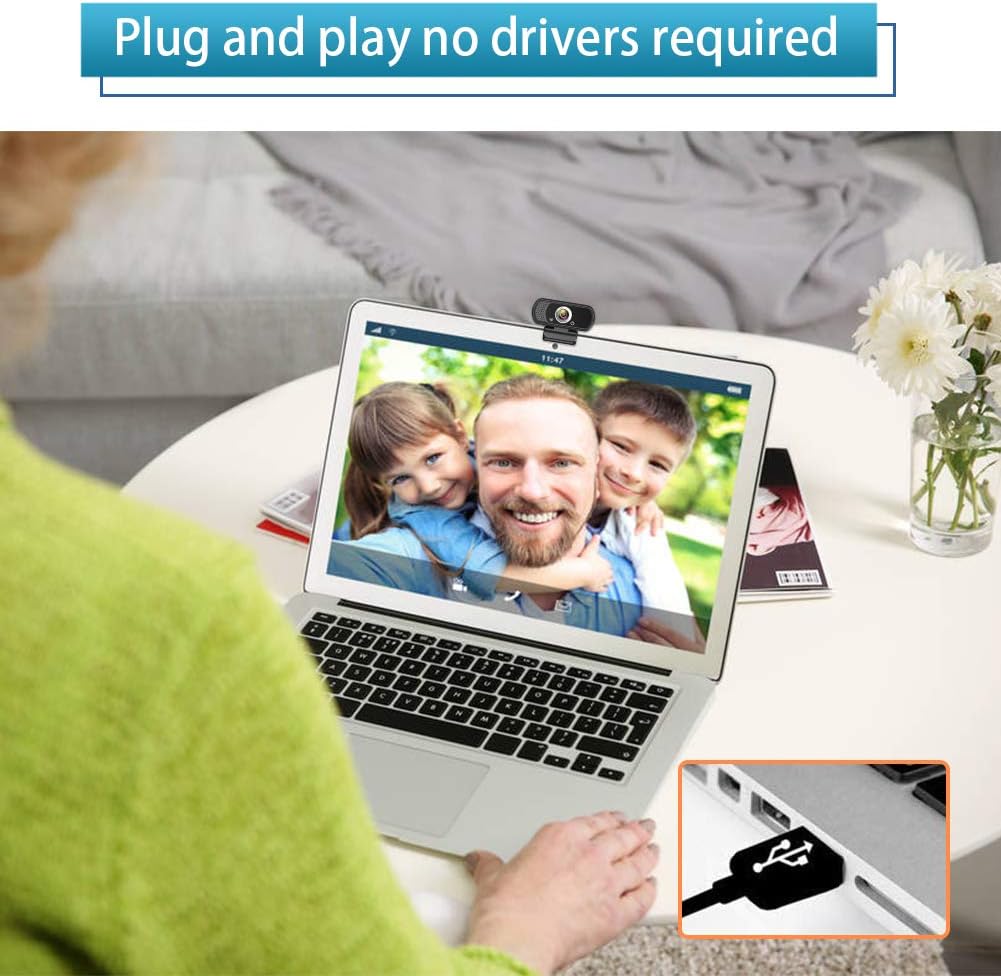1080P Webcam with Microphone, HD Web Camera with Tripod Stand, Auto Light Correction, Privacy Cover, 110° FOV