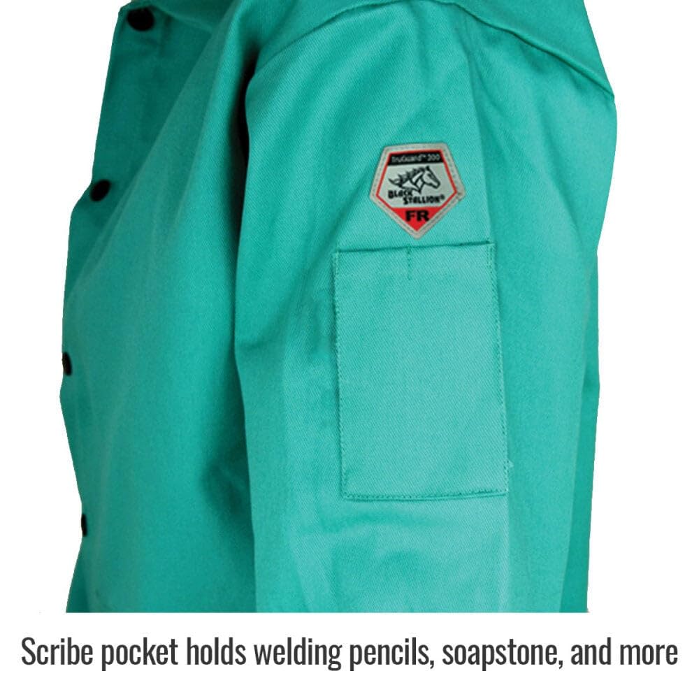 (F9-30C Welding Jacket, 9 oz Flame Resistant Cotton, Stand-Up Welder's Collar, Leather Reinforced Snaps, Scribe