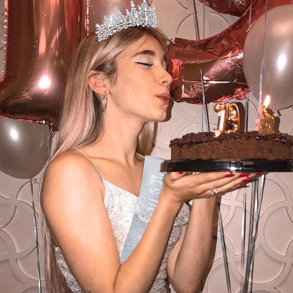 It's My Birthday Sash and Crown for Women Girls - Silver Glitter Birthday Sash, Crystal Princess Tiara, Queen Crown