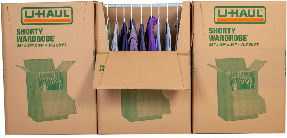 Shorty Wardrobe Boxes – Moving Boxes for Hanging Clothing - Pack of 3-24” x 24” x 34”- Hanging Wardrobe Bars Included