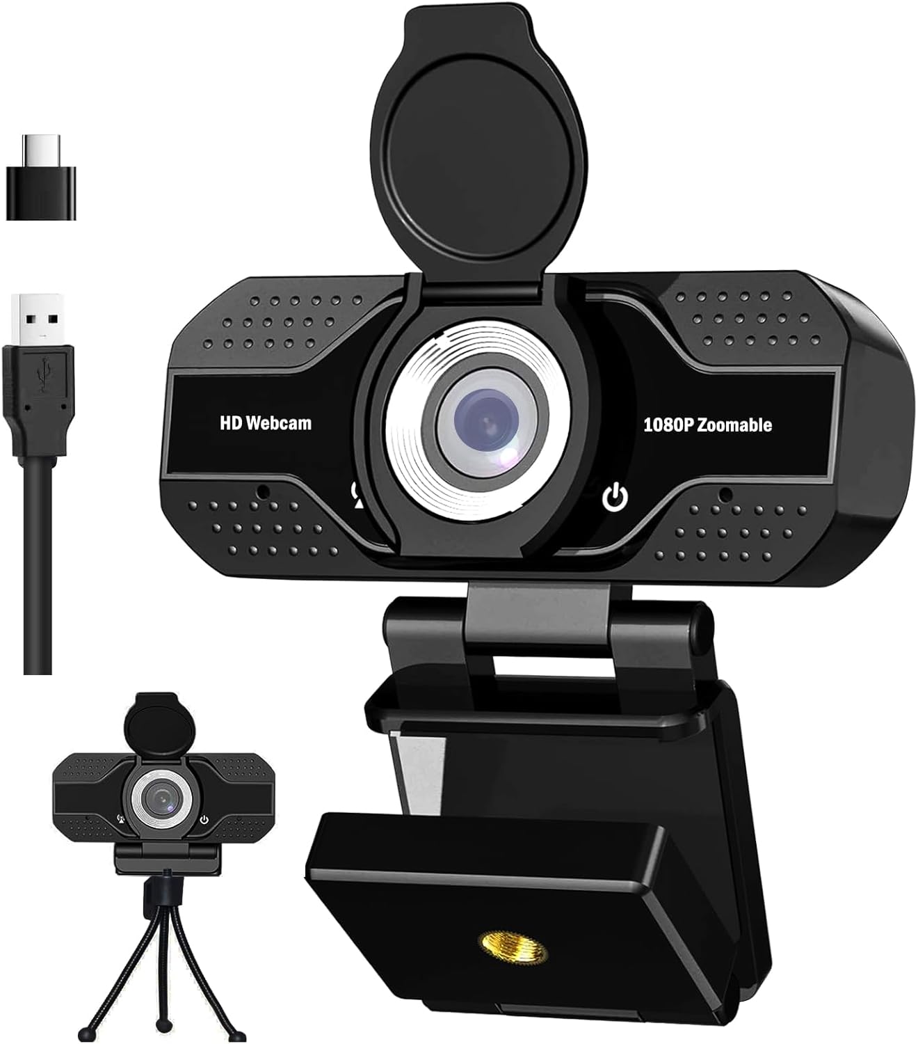 1080P HD Webcam with Microphone, Noise Cancellation, Privacy Cover, Wide-Angle Lens, Auto Light Correction, Plug &