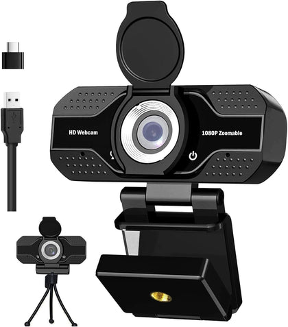 1080P HD Webcam with Microphone, Noise Cancellation, Privacy Cover, Wide-Angle Lens, Auto Light Correction, Plug &