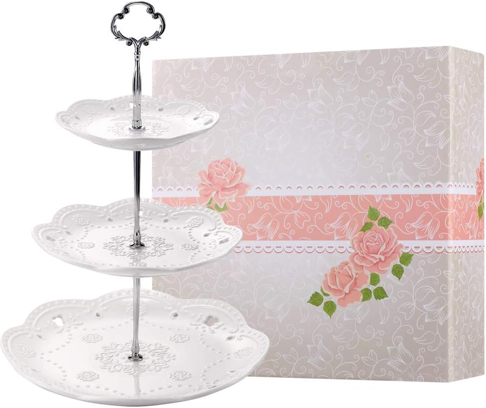 3-Tier Porcelain Cupcake Stand Serving Tray - White Embossed Elegant Dessert Cake Stand - Pastry Serving Stand for