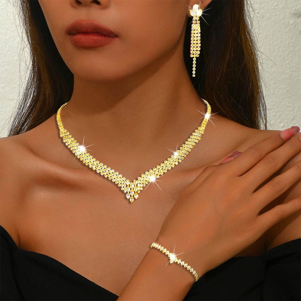 Rhinestone Bridal Jewelry Set Clip On Earrings Wedding Prom Jewelry Accessories for Women