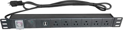 PDU 6 Outlets with 2 USB Ports, Flexible Rack Mount Power Strip for 19” Server Cabinet, with Surge Protector for