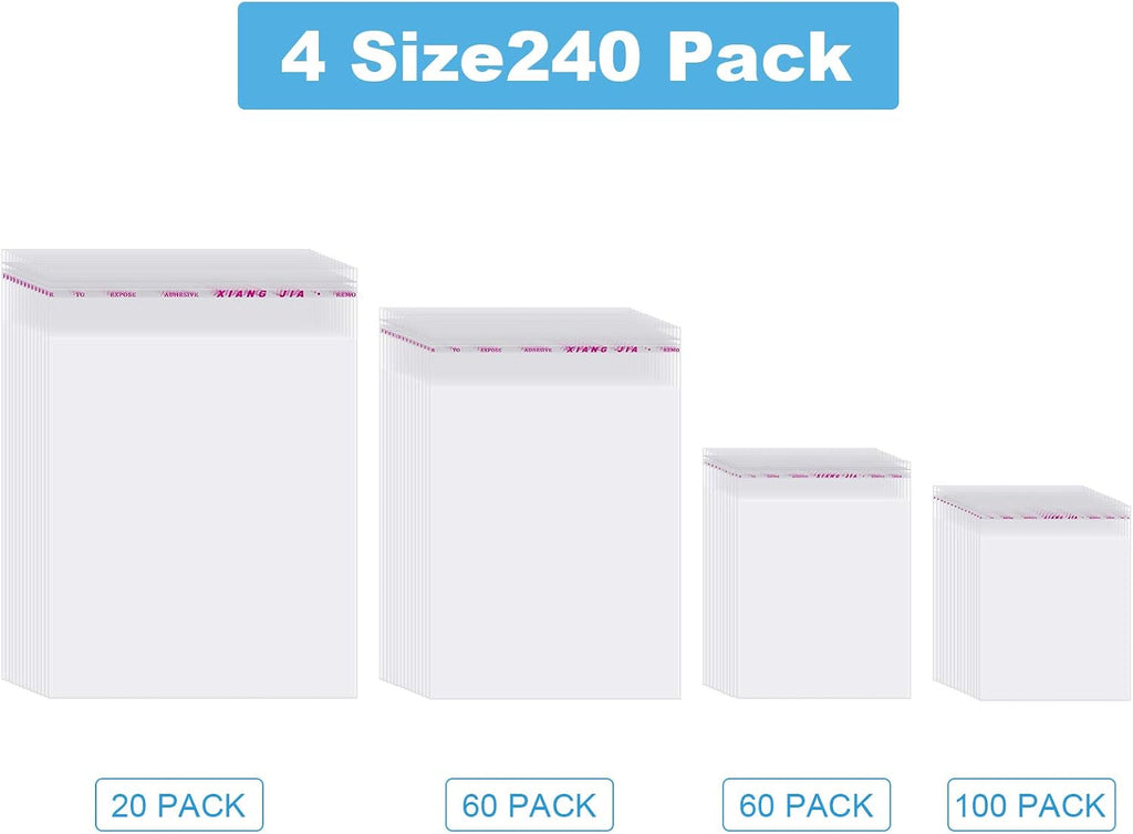 240 Pcs Clear Cellophane Bags Self Adhesive, 4 Size Cello Bags