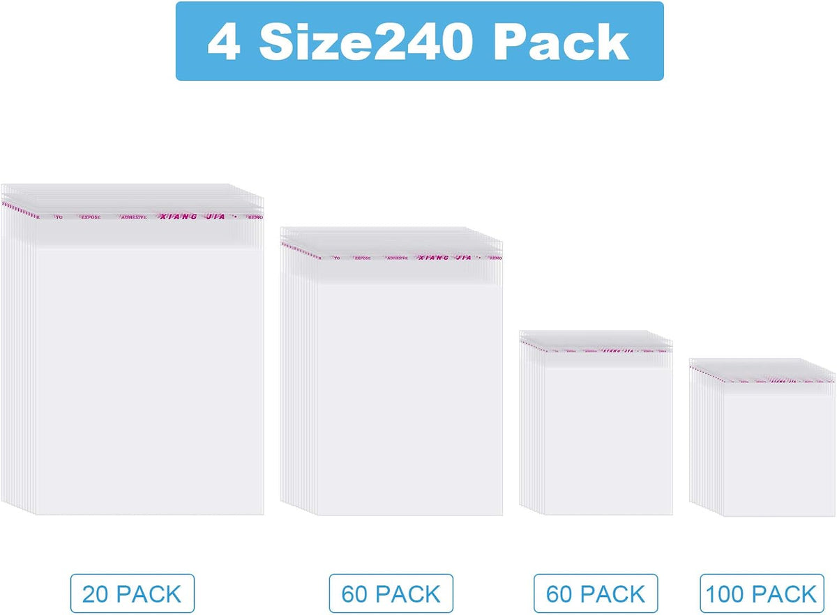 240 Pcs Clear Cellophane Bags Self Adhesive, 4 Size Cello Bags