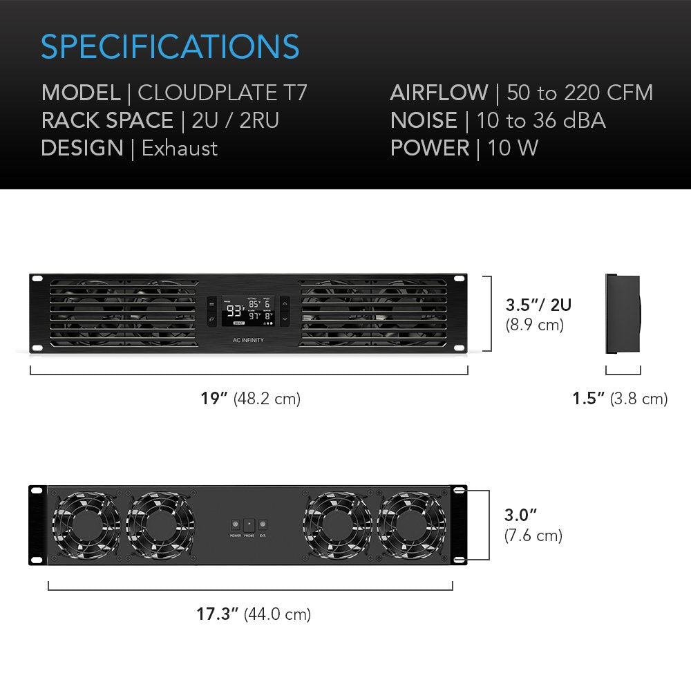 AC Infinity CLOUDPLATE T7, Rack Mount Fan Panel 2U, Exhaust Airflow