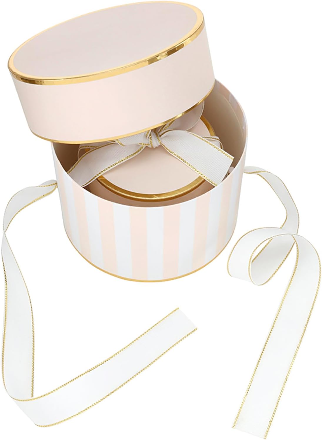 Gift Wrap Co. Nested Gift Box 2-Piece Set Round Designer Boxes with Lids, Large and Small, Pink Stripes