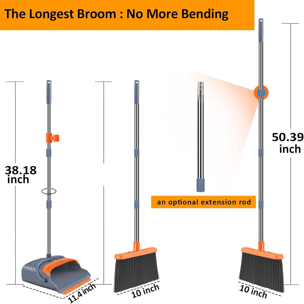 Upgrade Broom and Dustpan Set, Self-Cleaning with Dustpan Teeth, Indoor&Outdoor Sweeping, Ideal for Dog Cat Pets Home