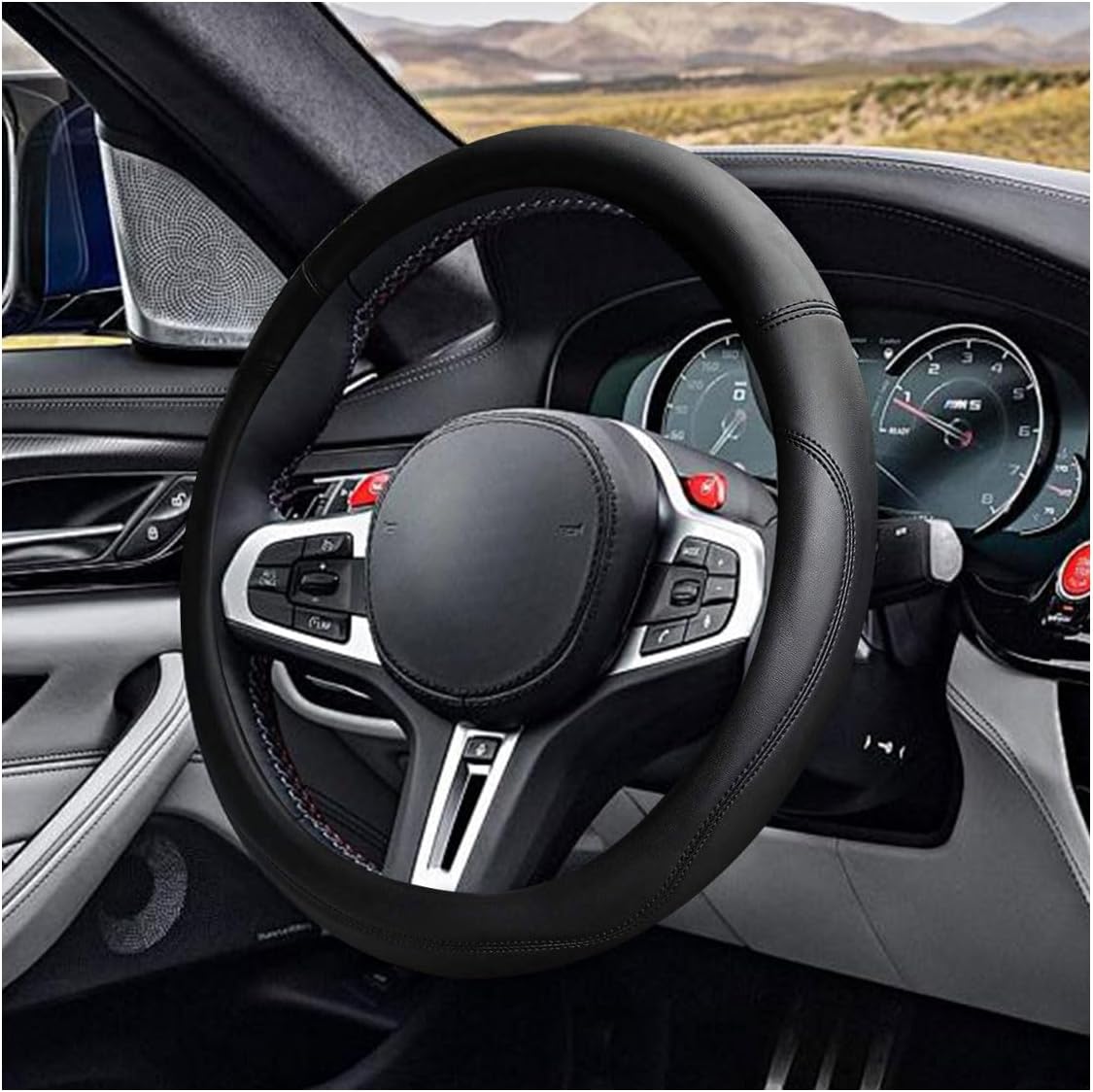 14.5"-15" Car Steering Wheel Cover, Microfiber Leather Cover, Anti-Slip Breathable Steering Wheel Decoration