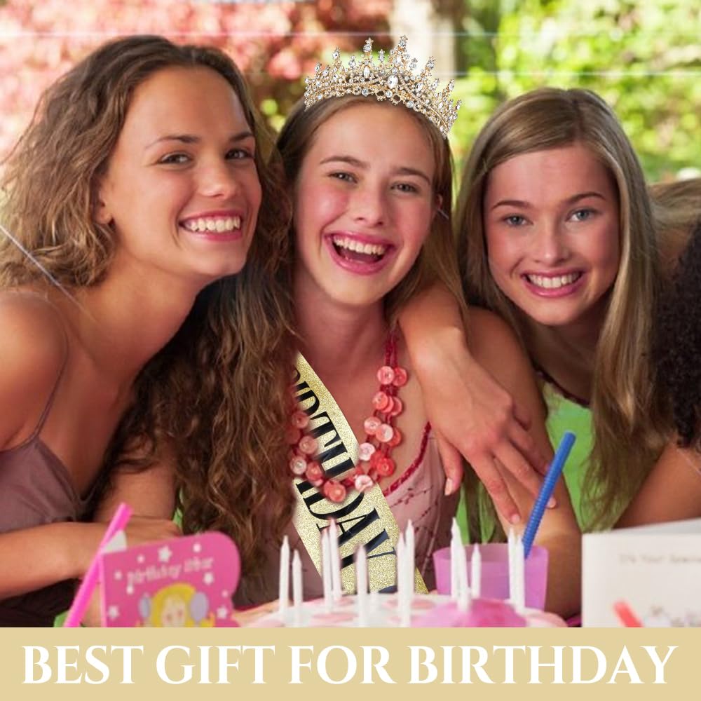 Birthday Crown and Sash Set for Women and Girls - Gold Tiara, Princess Decorations, Birthday Gifts