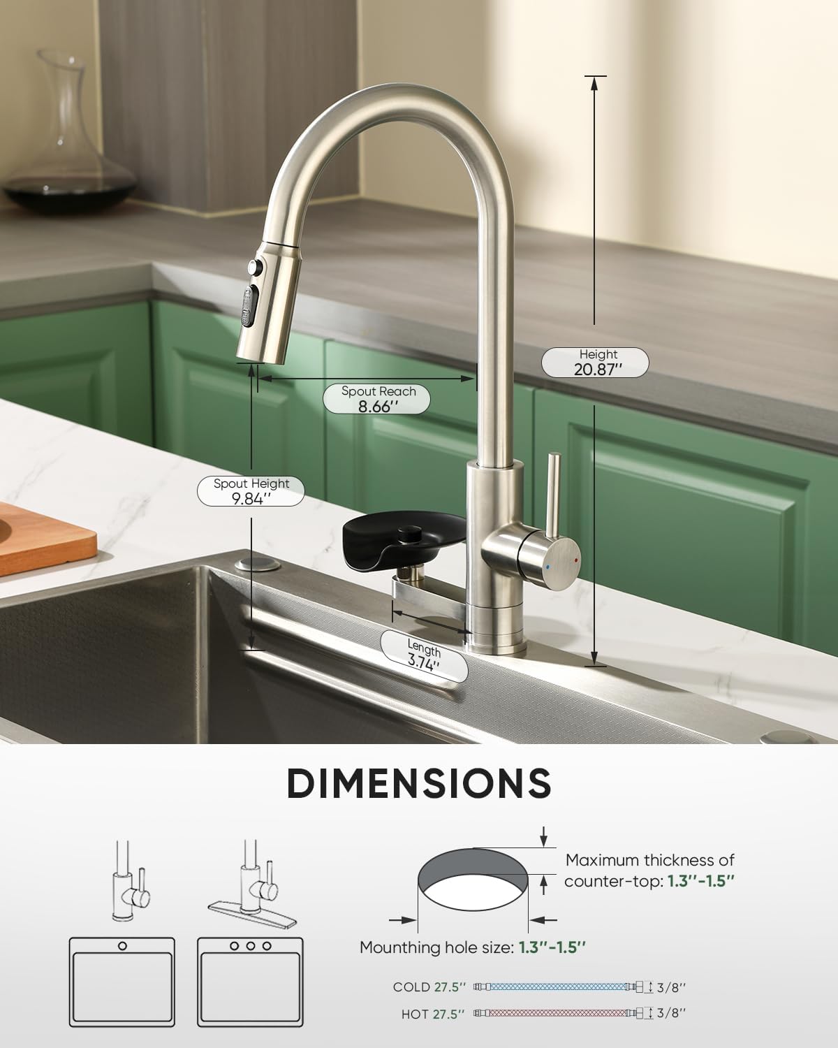 Kitchen Faucet with Cup Washer Pull Down Sprayer Stainless Steel Kitchen Sink Faucet with Deck Plate Glass Rinser