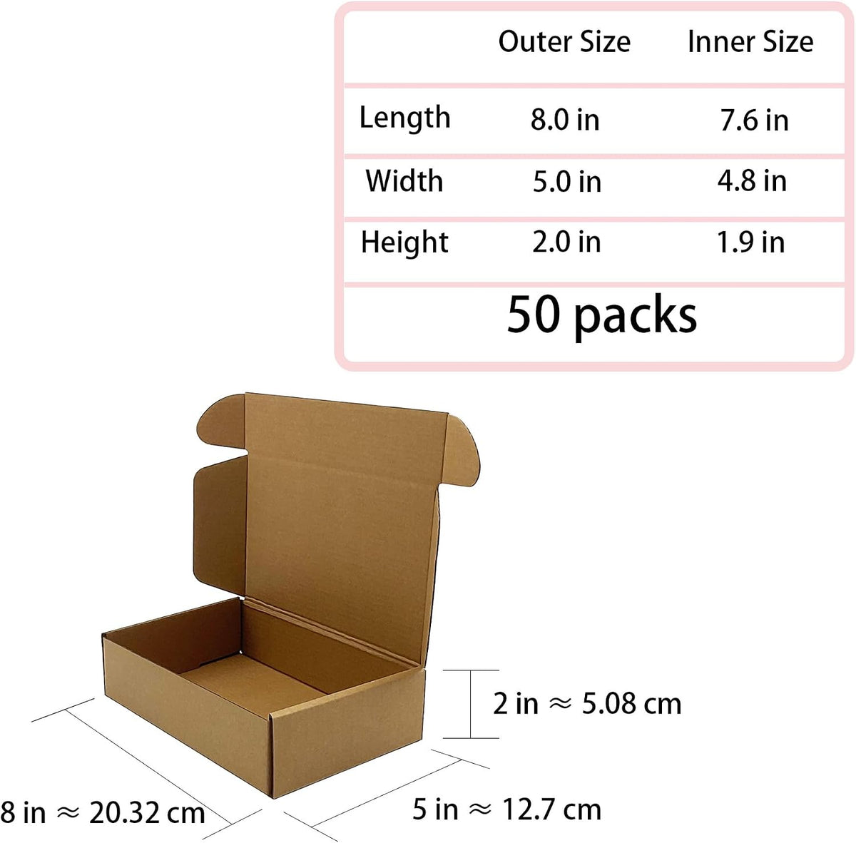 Shipping Boxes 8x5x2 inch 50 Pack,Brown Corrugated Mailers for E-Commerce