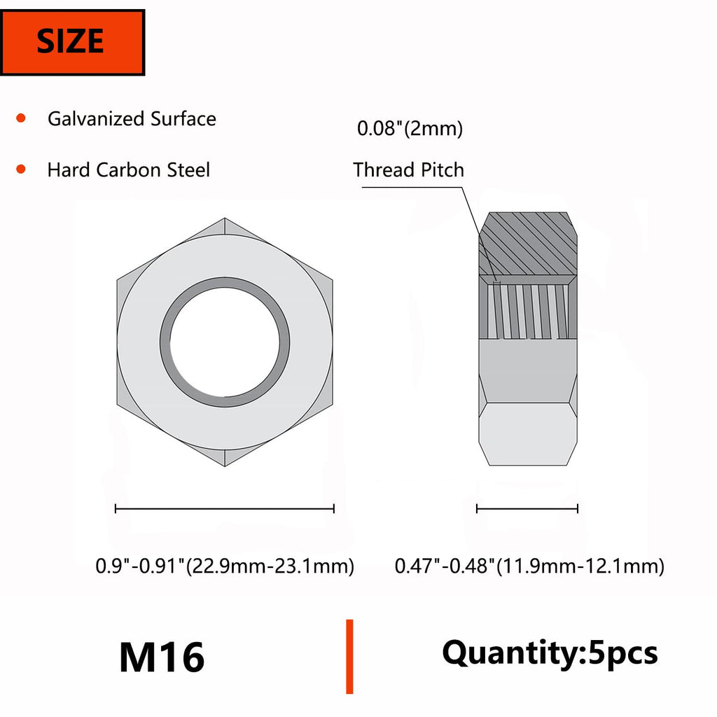 ELOOGAA M16 5pcs Hex Nuts,M16 Galvanized Metric Hardware Nuts Sets