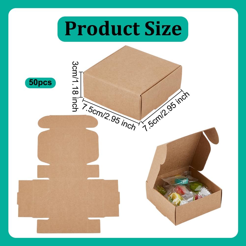 50Pcs Small Cardboard Boxes 3x3x1.2 Inch Square Jewelry Kraft Box Corrugated Mailer Box Brown Cardboard Present Boxes