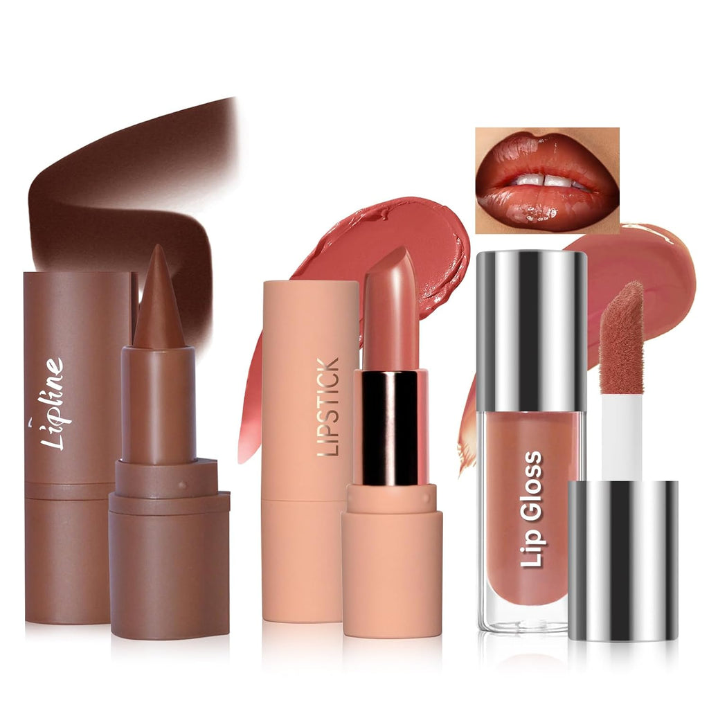 3PCS Lip Combo Sets, Dark Brown Lip Contour Plumping Liner Pencil Moisturizing Nude Lipstick Gloss Combo, High