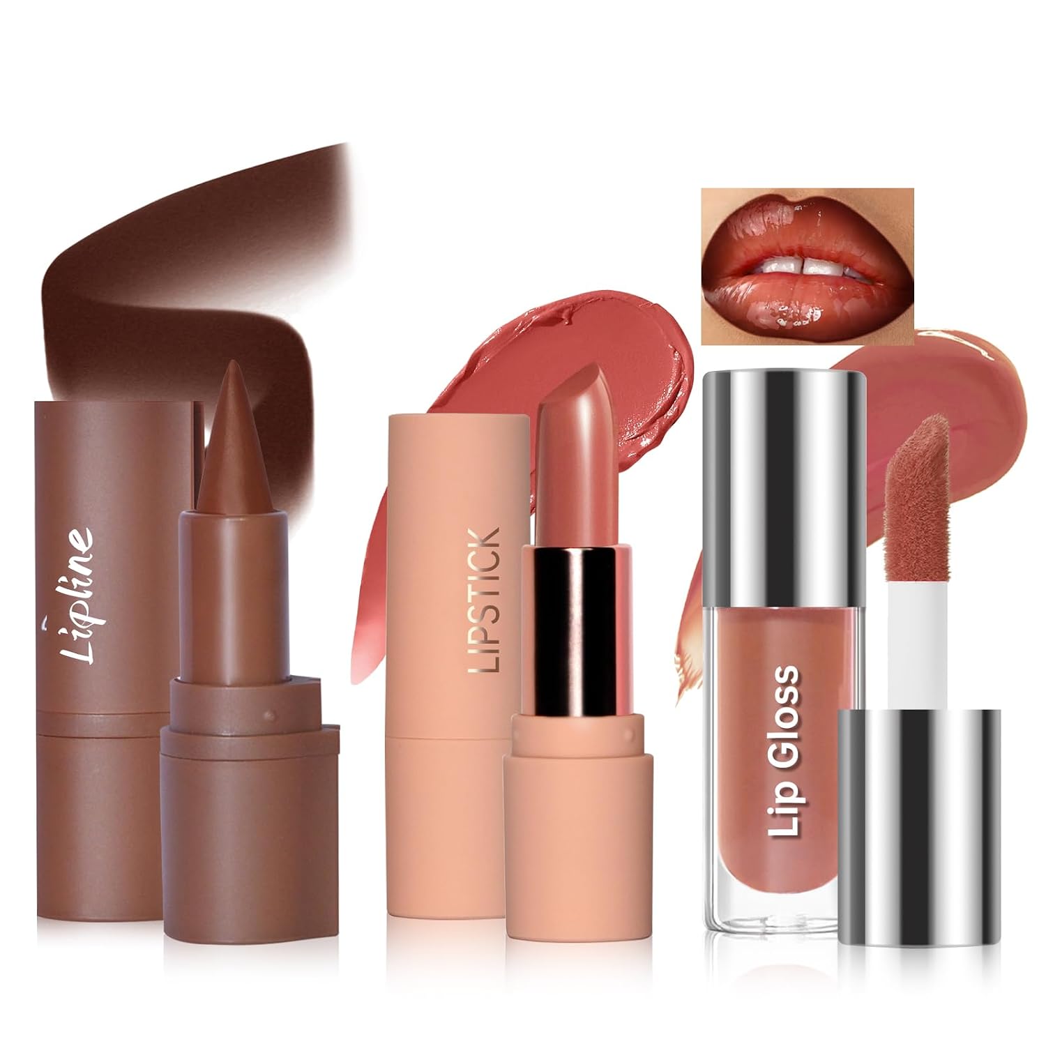 3PCS Lip Combo Sets, Dark Brown Lip Contour Plumping Liner Pencil Moisturizing Nude Lipstick Gloss Combo, High