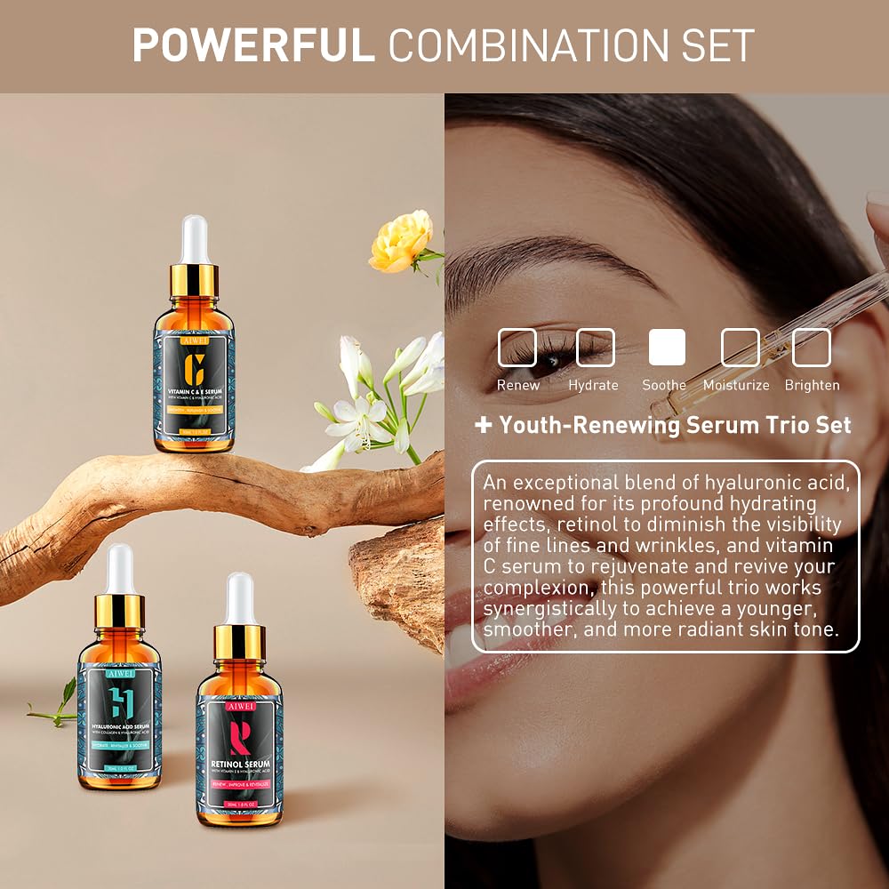 Facial Serum Set - Includes Vitamin C, Retinol & Hyaluronic Acid - Improve Skin Texture, Glow & Hydration - Day and