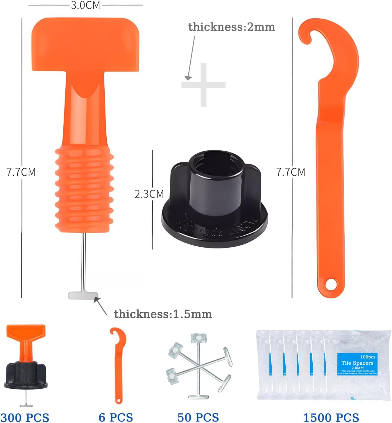 Tile Leveling System Kit,300pcs Reusable 1/16" Tile Leveler Spacers+1500pcs Cross-shaped Tile Spacers+6pcs