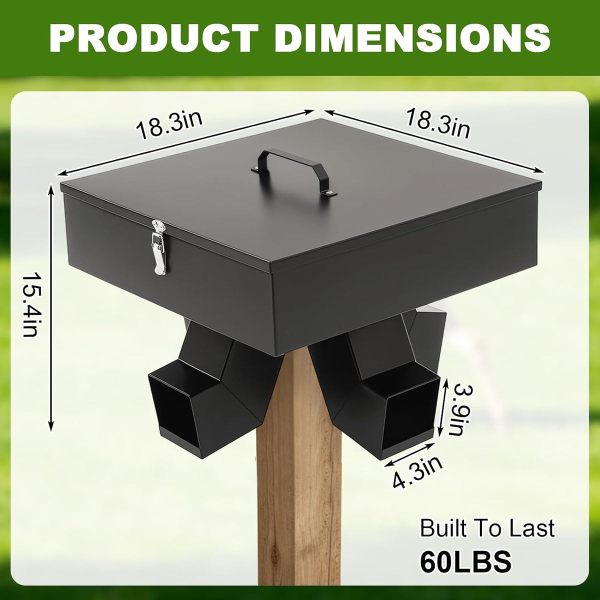 60lb Gravity Deer Feeder. Heavy Duty Deer Feeder with 4 Feed Head and Mounting Post, Galvanized Steel Metal Portable
