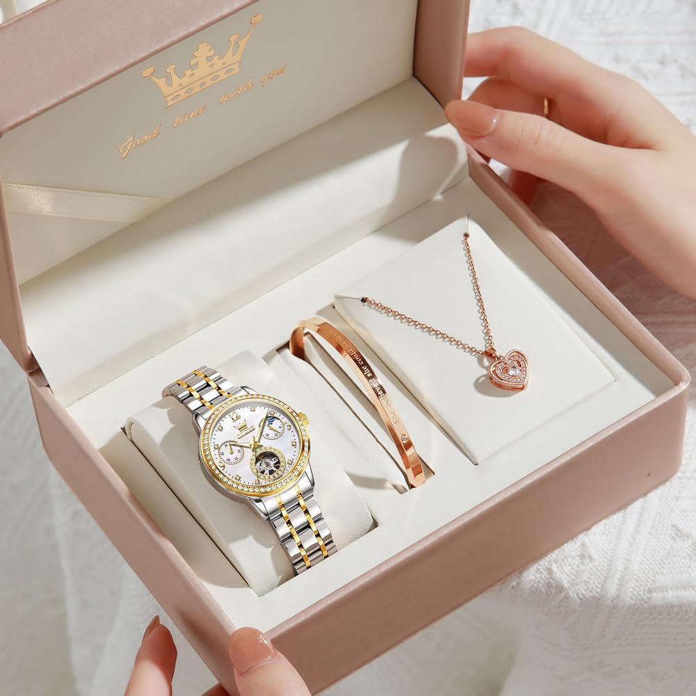 Womens Mechanical Watch Diamond Tourbillon Elegant Dress Stainless Steel Waterproof 30M Luminous Ladies Watches Set Gift