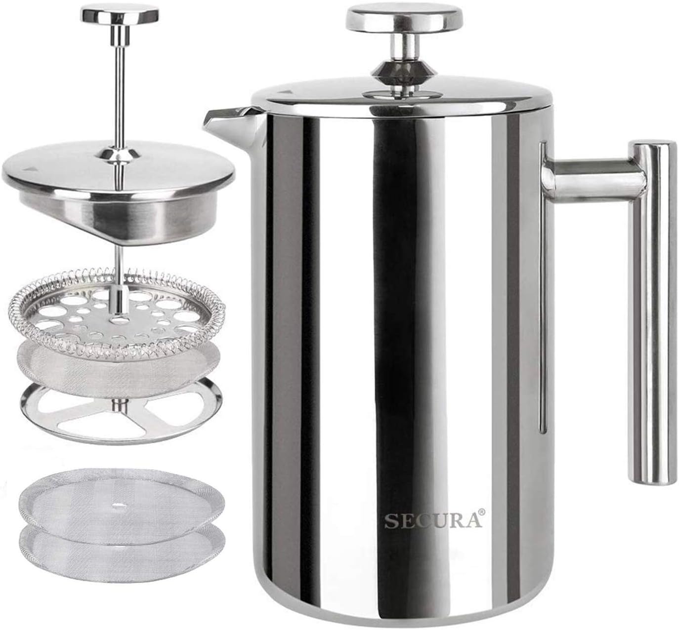 French Press Coffee Maker, 304 Grade Stainless Steel Insulated Coffee Press with 2 Extra Screens, 12oz (0.35 Litre)