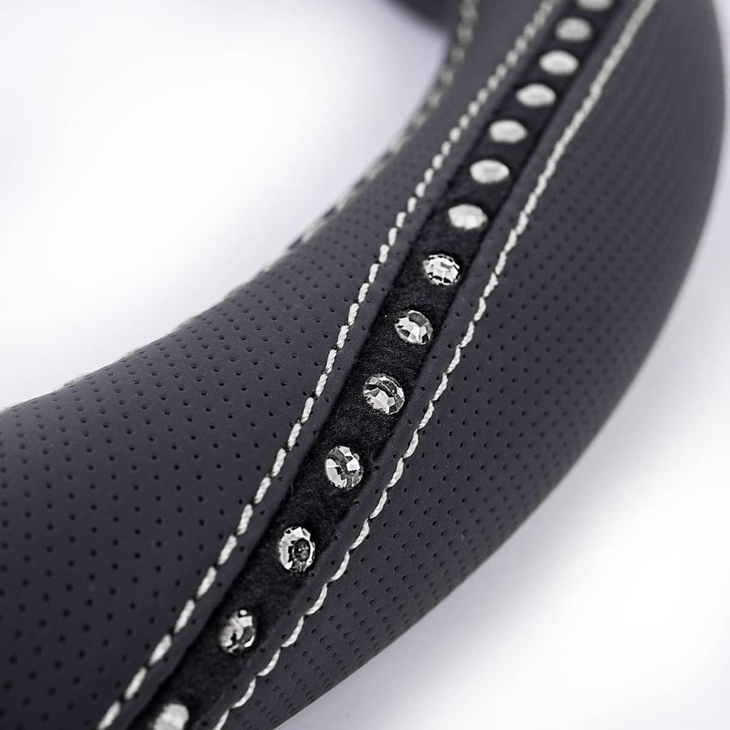 Bling Diamond Black Leather Steering Wheel Cover, Studded Crystal Rhinestones Universal Fit 14" 1/2-15" Glitter for