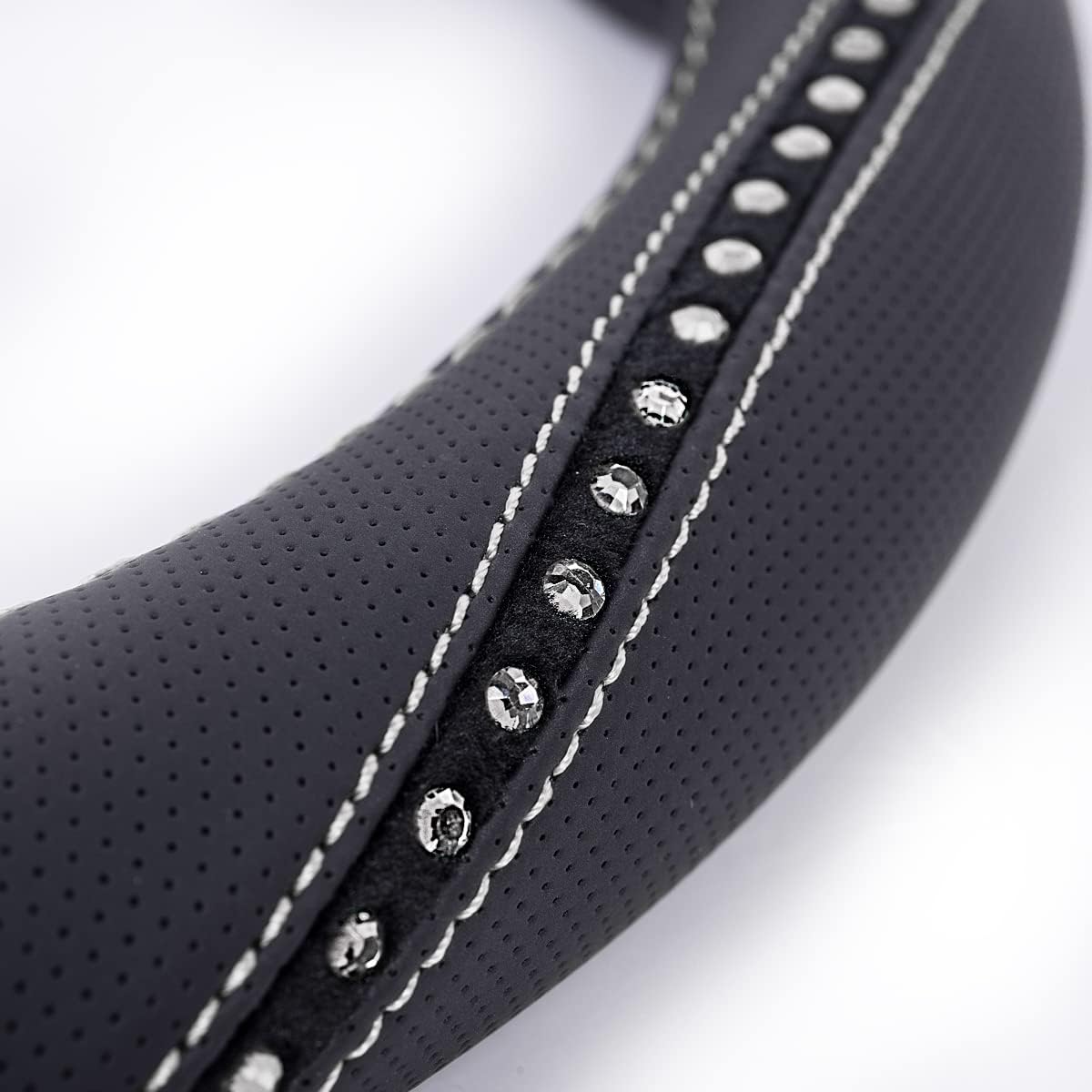 Bling Diamond Black Leather Steering Wheel Cover, Studded Crystal Rhinestones Universal Fit 14" 1/2-15" Glitter for