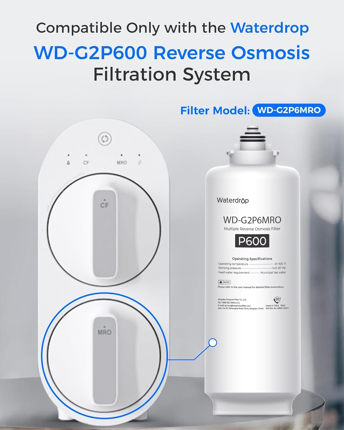 Waterdrop G2P6MRO Filter, Replacement for G2P600 RO System, 2-Year Lifetime