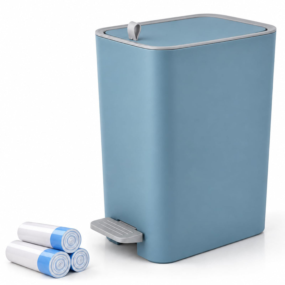 Small Bathroom Trash Can with Lid, 2.1 Gallon Slim Step Trash Can, Blue