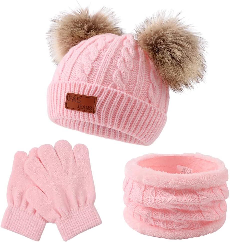 Kids Winter Beanie Hat Scarf Gloves Set Knit Warm Toddler Winter Cap Gloves Neck Warmer for Boys Girls 1-8 Year