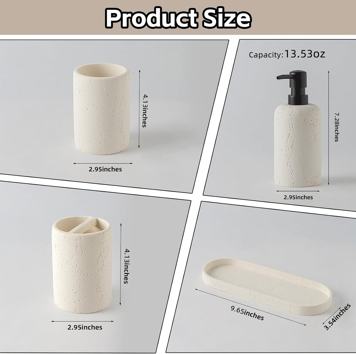 Bathroom Accessories Set,4 PCS Travertine Stone Look Collection,Cream | Modern Bath Organizer with 13.53 OZ Soap