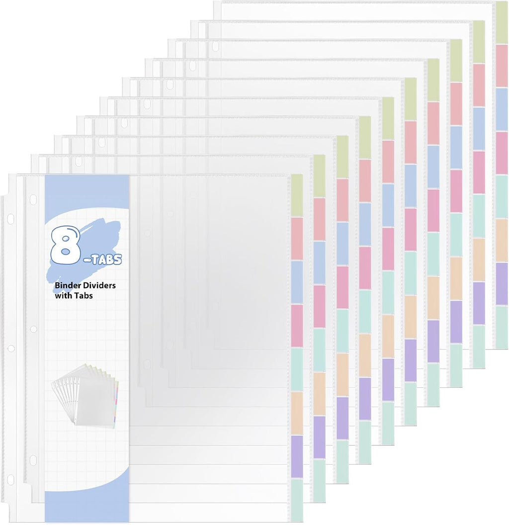 10 Sets 80Pcs Clear Sheet Protector Sleeves, Plastic 3 Ring Binder Dividers | 8.5 x 11 Inch Binder Sleeves with 8 Tab