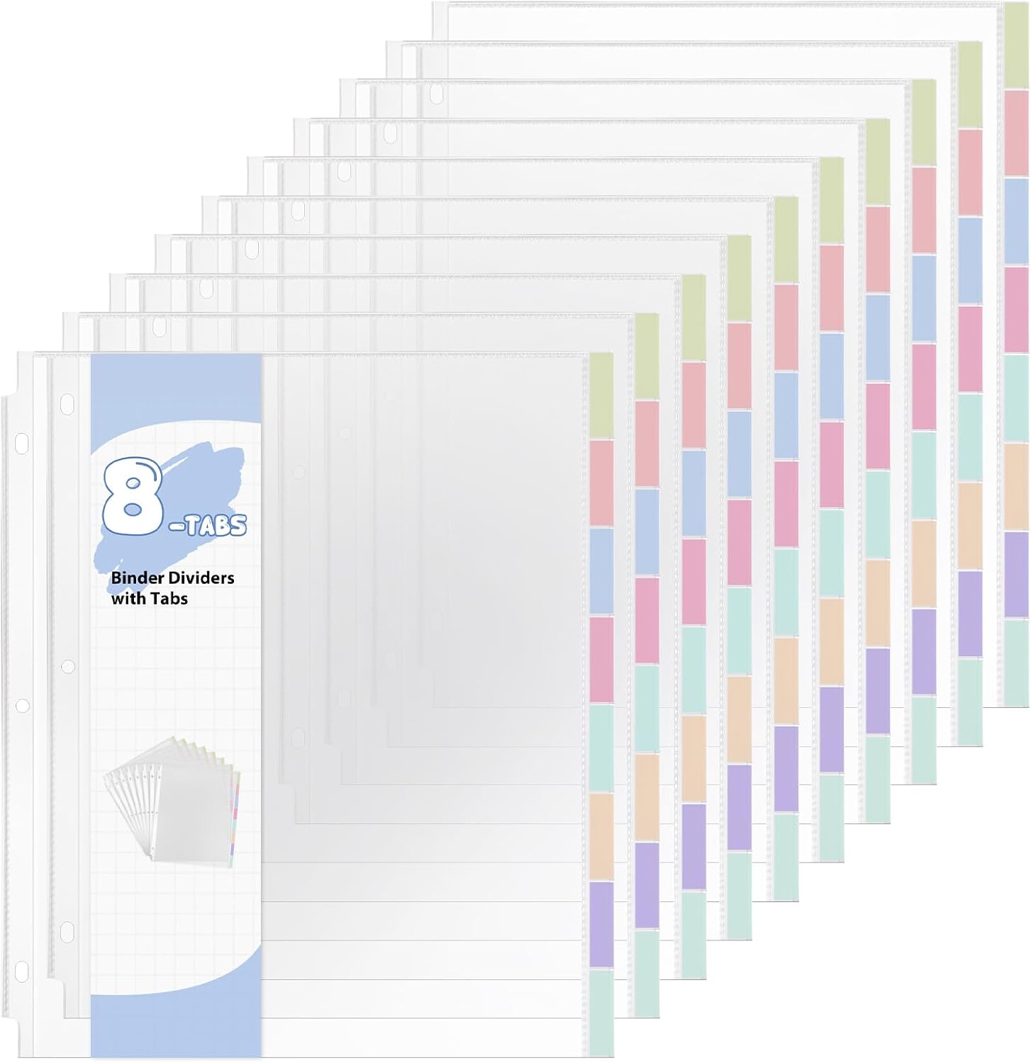 10 Sets 80Pcs Clear Sheet Protector Sleeves, Plastic 3 Ring Binder Dividers | 8.5 x 11 Inch Binder Sleeves with 8 Tab