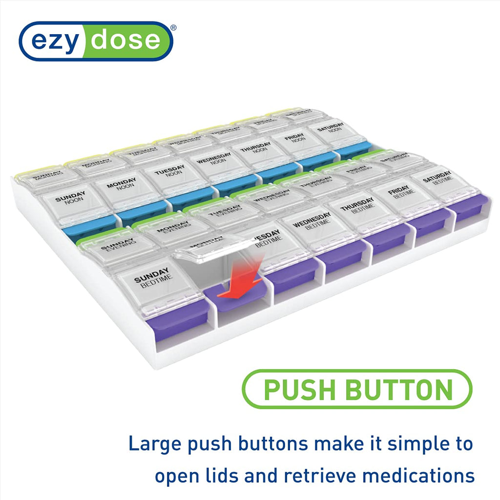 Weekly (7-Day) Pill Organizer, Vitamin Container, and Daily Medicine Planner, 2X-Large Push Button Compartments
