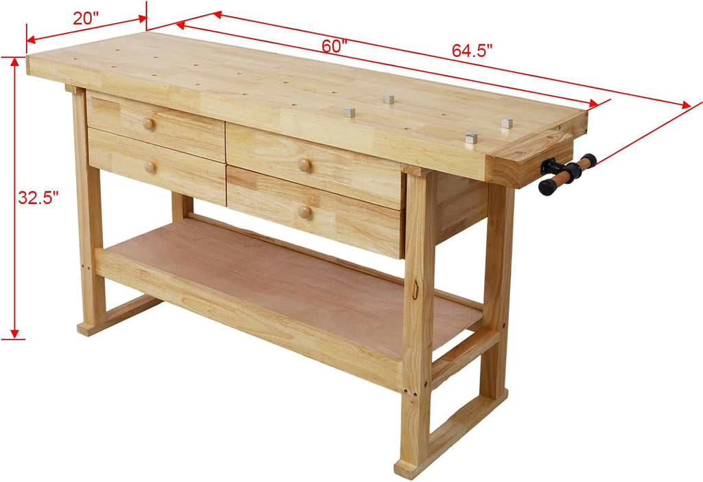 60-Inch Wood Workbench with 4 Drawer - 330lbs Weight Capacity Heavy Duty Portable Wood Work Bench Table for Garage