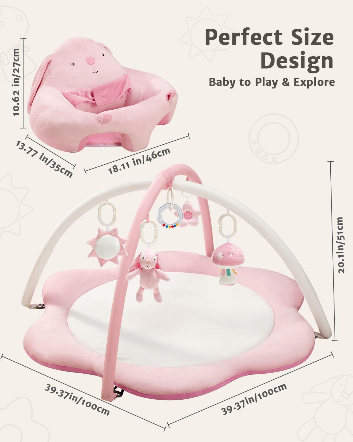 3-in-1 Baby Play Mat, Baby Seats for Infants for Sitting Up, Tummy Time Mat with 5 Detachable Toys, Activity Gym &